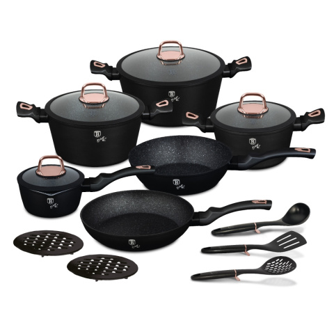 Zestaw 15 el. garnki, patelnie, akcesoria BerlingerHaus Black Rose Collection BH-8234 Zestaw 15 el. garnki, patelnie, akcesoria BerlingerHaus Black Rose Collection BH-8234