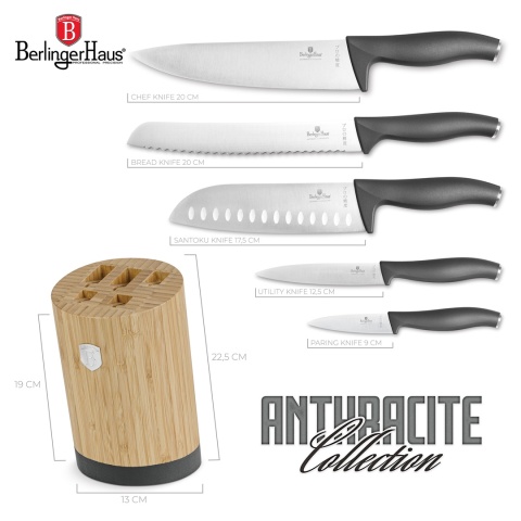 Zestaw 5 noży w stojaku bambusowym BerlingerHaus Antracit Collection BH- 2672