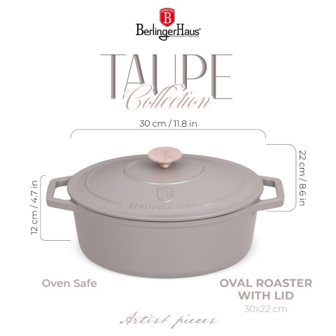 Garnek żeliwny owalny 4,65l z pokrywką 30cm Berlinger Haus Taupe BH-6541 | OUTLET