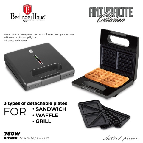 Toster 3 w 1 z odpinanymi nakładkami BerlingerHaus BH-9583 Antracit Collection