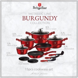 Zestaw 15el. garnki, patelnie, akcesoria  BerlingerHaus Burgundy Collection BH-1226